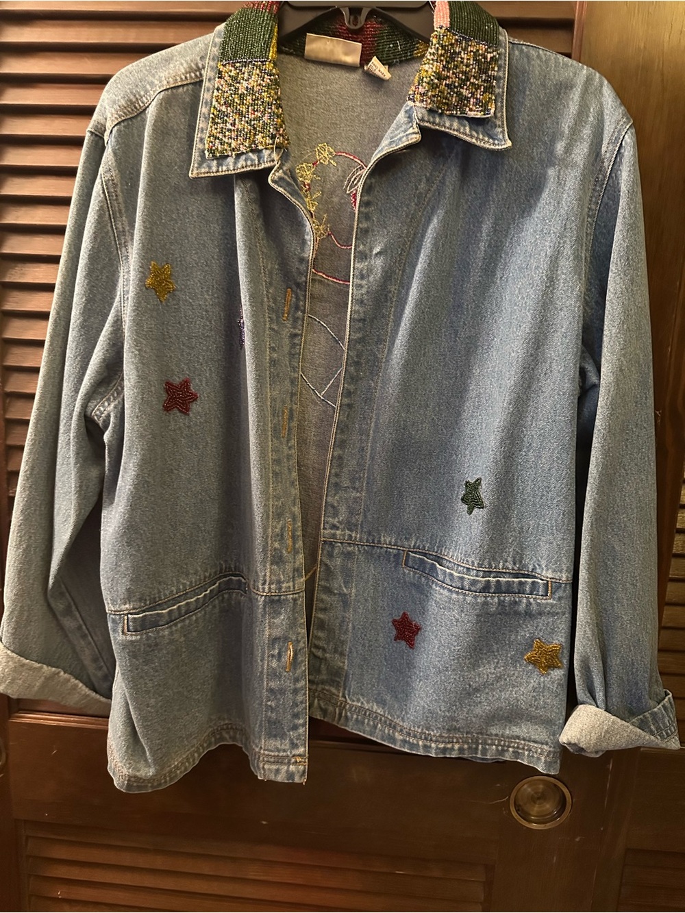 Chico's Light Blue Denim Jacket with Multicolor Beaded Collar